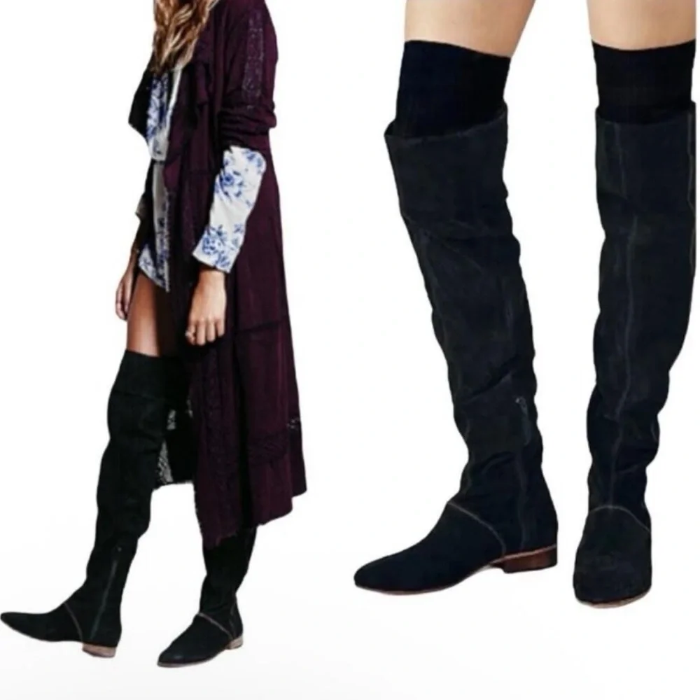 Free People Grandeur Black Suede Over The Knee Boots Size 39
